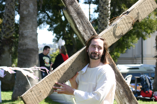 Hunky Jesus candidate with cross and crown of thorns