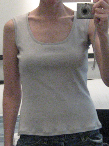 Finished tank top #2, with a much improved neckline but flaring at the bottom hem