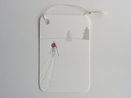 Gift card: Letterpress cross-country skier with embossed tracks