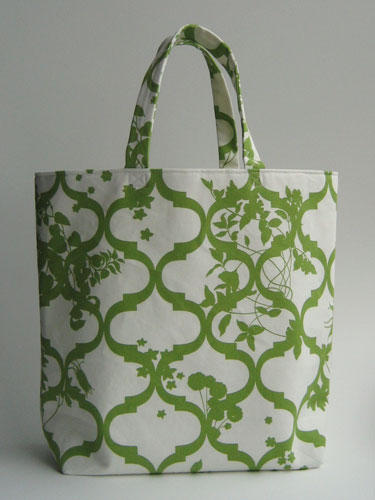 Front shot of bag with green and white lattice fabric
