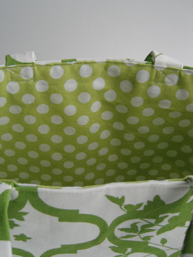Detail shot showing contrasting green fabric with white polka dots