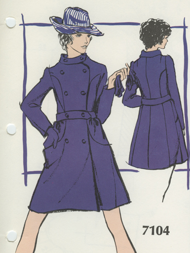 Double-breasted a-line purple coat with matching gloves and striped white/purple hat