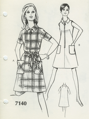 Fashion drawing for a-line house dress with zipper and patch pockets